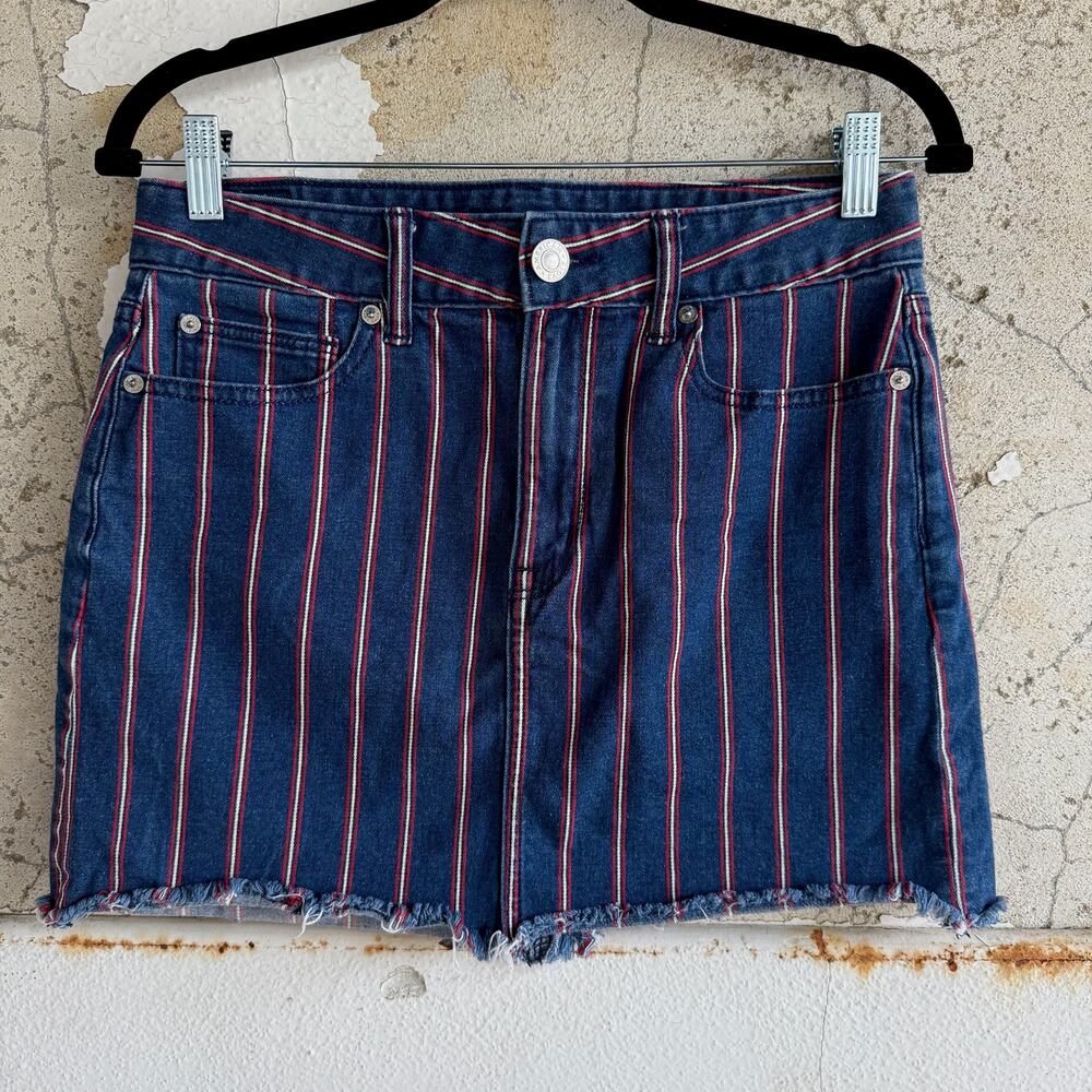 American‎ Eagle Striped Denim Mini Skirt High Rise Raw Hem Red White Blue